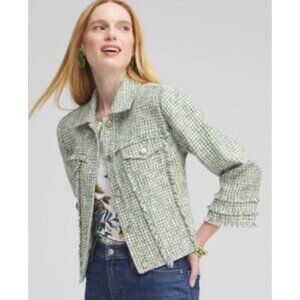 Chicos Metallic Fringe Tweed Jacket Blazer Women 4 XXL Green Preppy Office Cotto